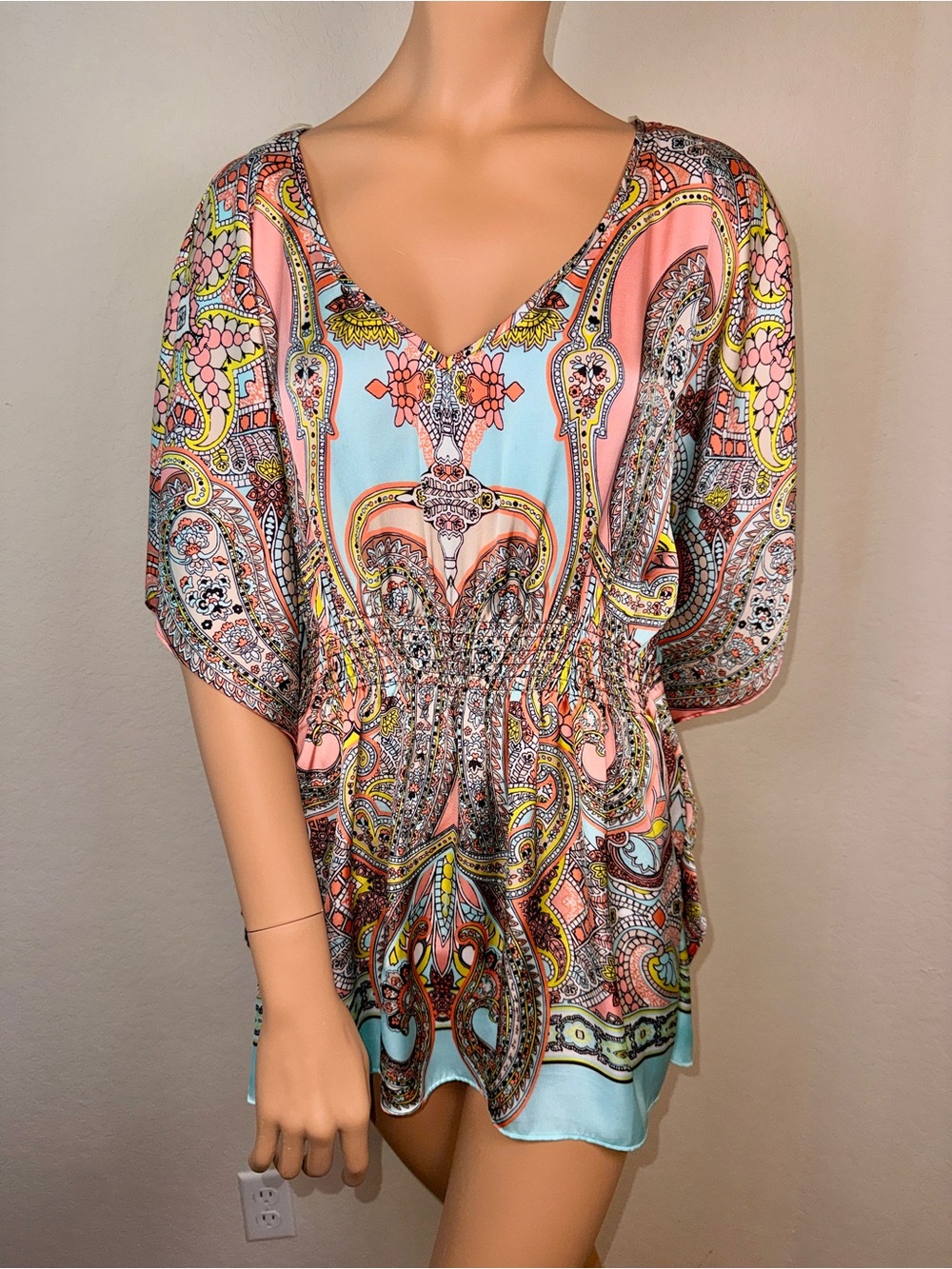 Bisou Bisou Boho Paisley Kimono Sleeve Tunic Top Cinched Waist L